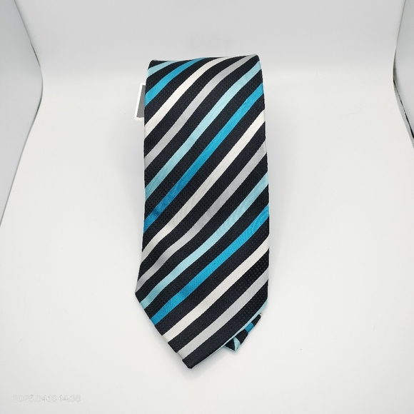 Alfani Silk Men's Necktie Striped Satin Textured Black and Blue Tie Formal Tag - Picture 6 of 7